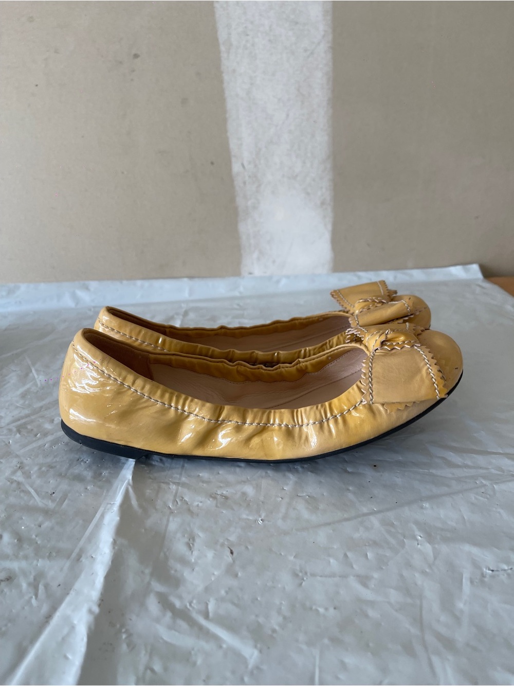 Prada Mustard Yellow Leather Bow Flats 37 - Picture 4 of 6